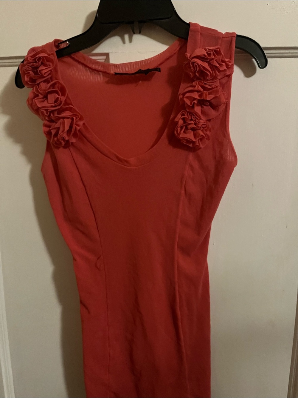 The Limited Coral Sleeveless V-Neck Midi Dress with Rosette Shoulder Detail